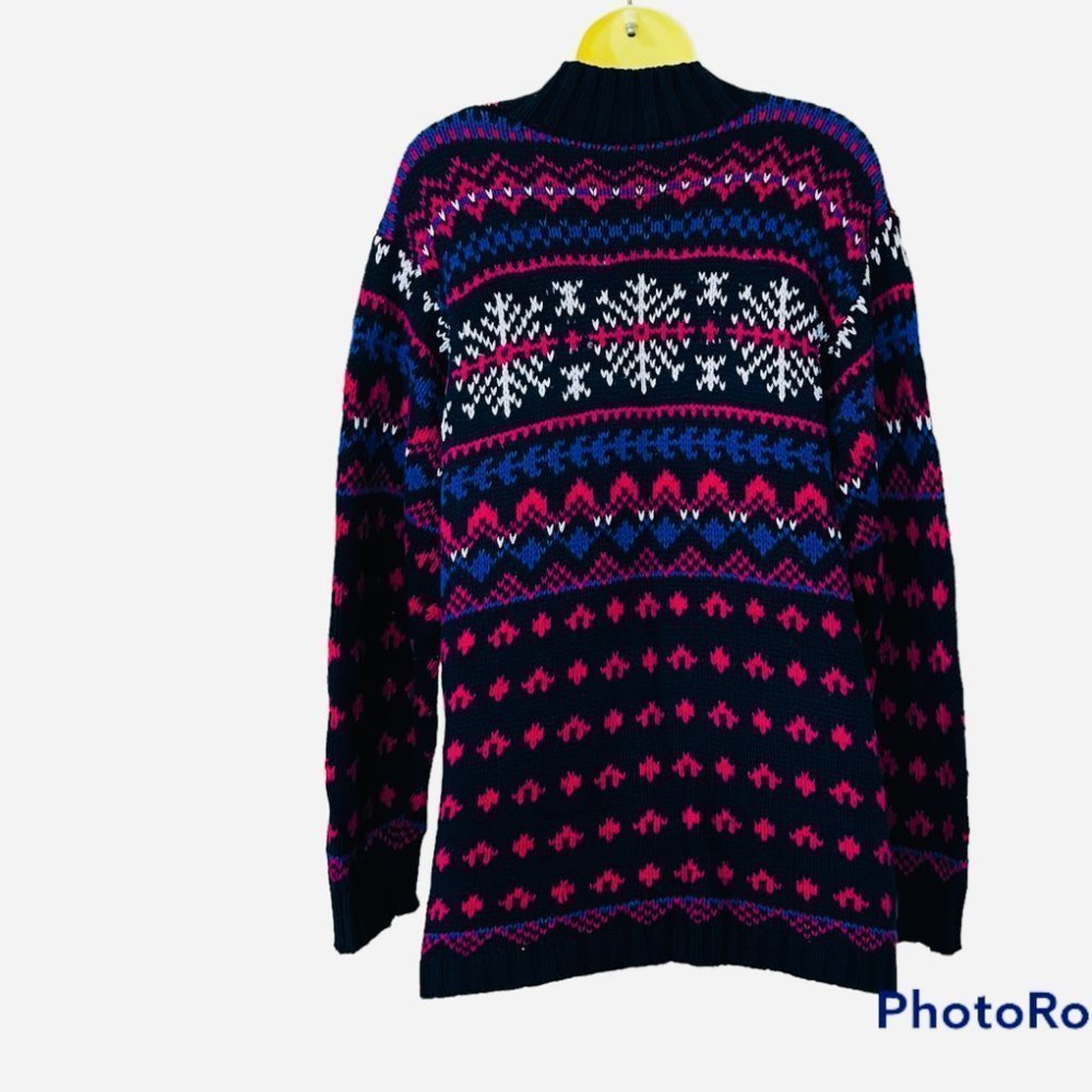 Vintage Floral Snowflake Cottage Core-Oversized Fisherman Chunky Black Sweater2X - Picture 2 of 6